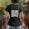 black woman Gr8tful short sleeve t-shirt logo in back